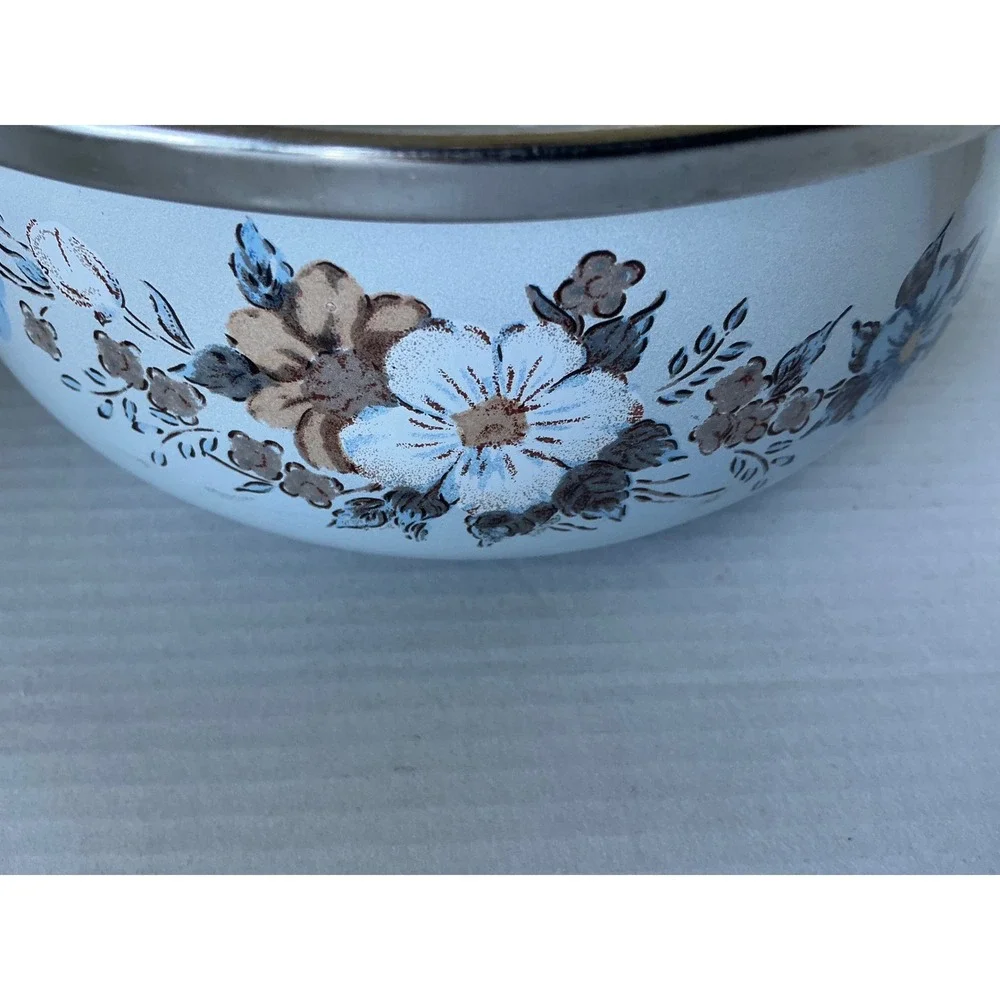 Vintage Enamelware Saucepan Floral‎ Pot with Lid Blue Brown White 1.5qt